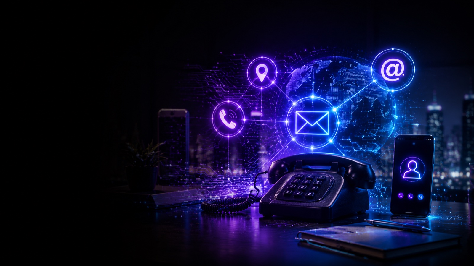 Telefone clássico conectado a ícones neon de canais digitais — WhatsApp, e-mail, localização e celular