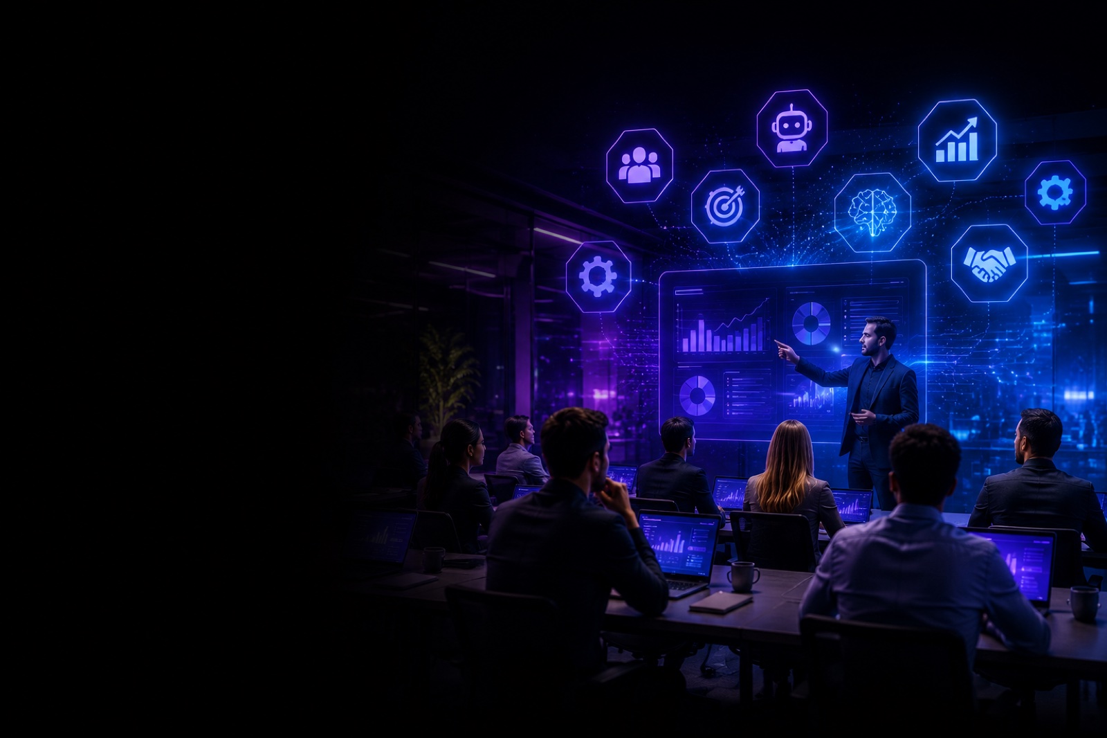 Treinamento corporativo Remington IA — equipe em apresentação com ícones de IA neon