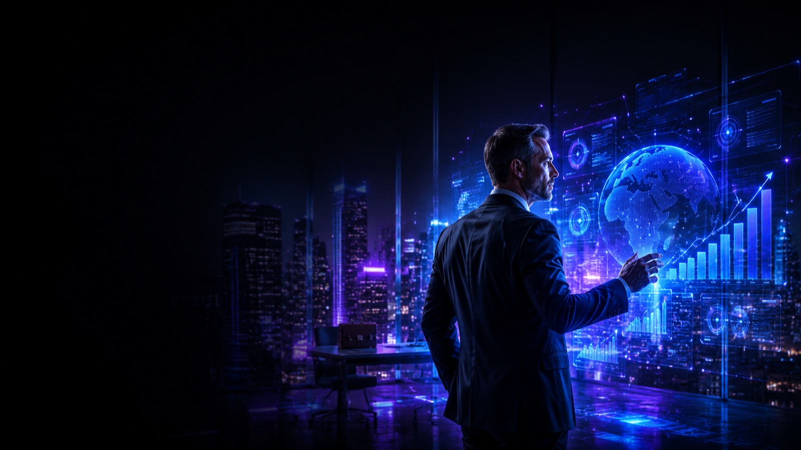 Executivo observando cidade neon com gráficos de performance e IA