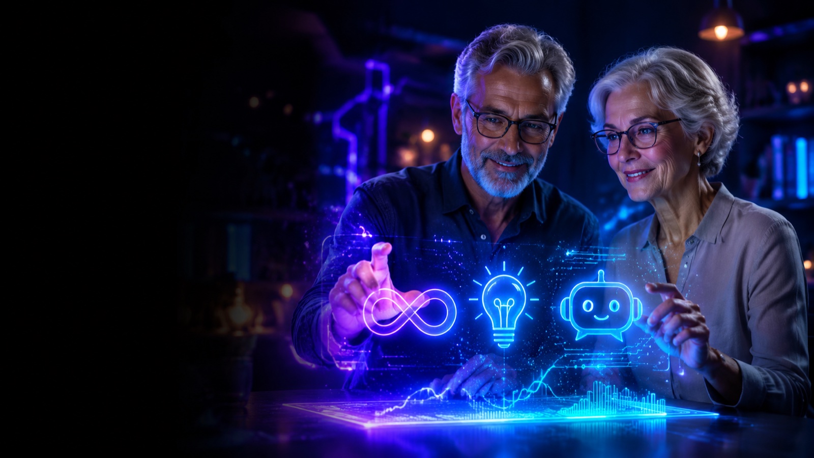 Casal sênior aprendendo Inteligência Artificial em ambiente acolhedor