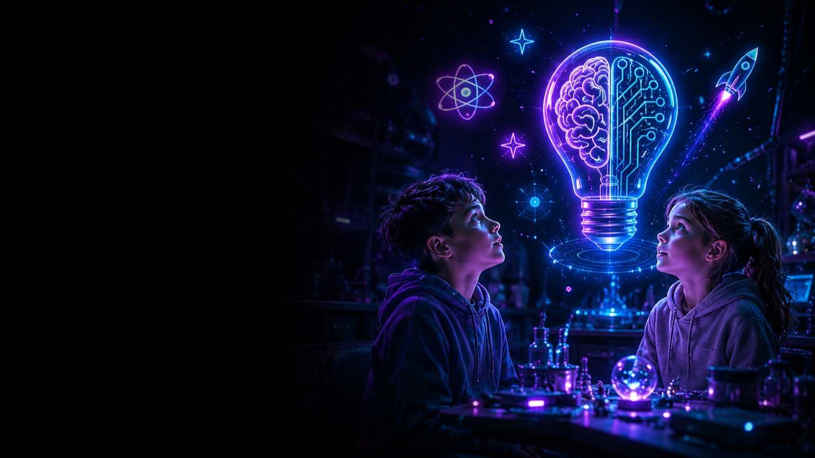 Crianças contemplando uma lâmpada-cérebro com inteligência artificial