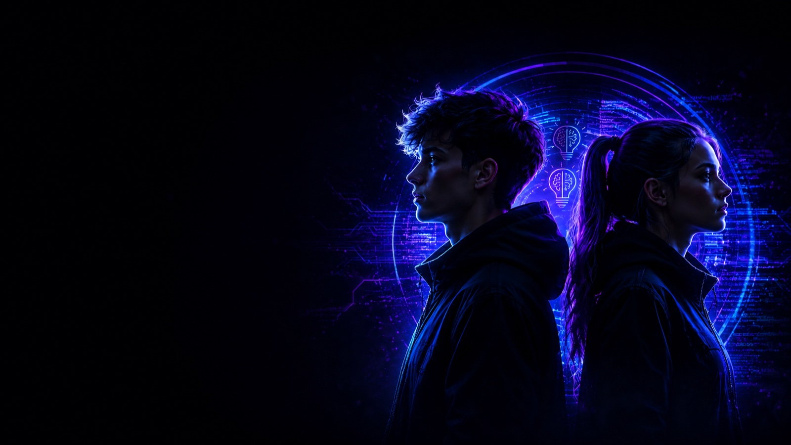Adolescentes Jovens Pro IA em ambiente de tecnologia neon